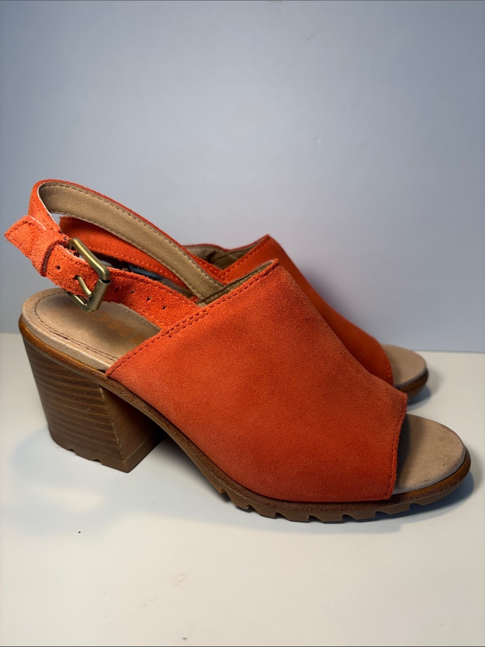Sorel Orange Suede Peep-Toe Slingback Block Heel Sandals